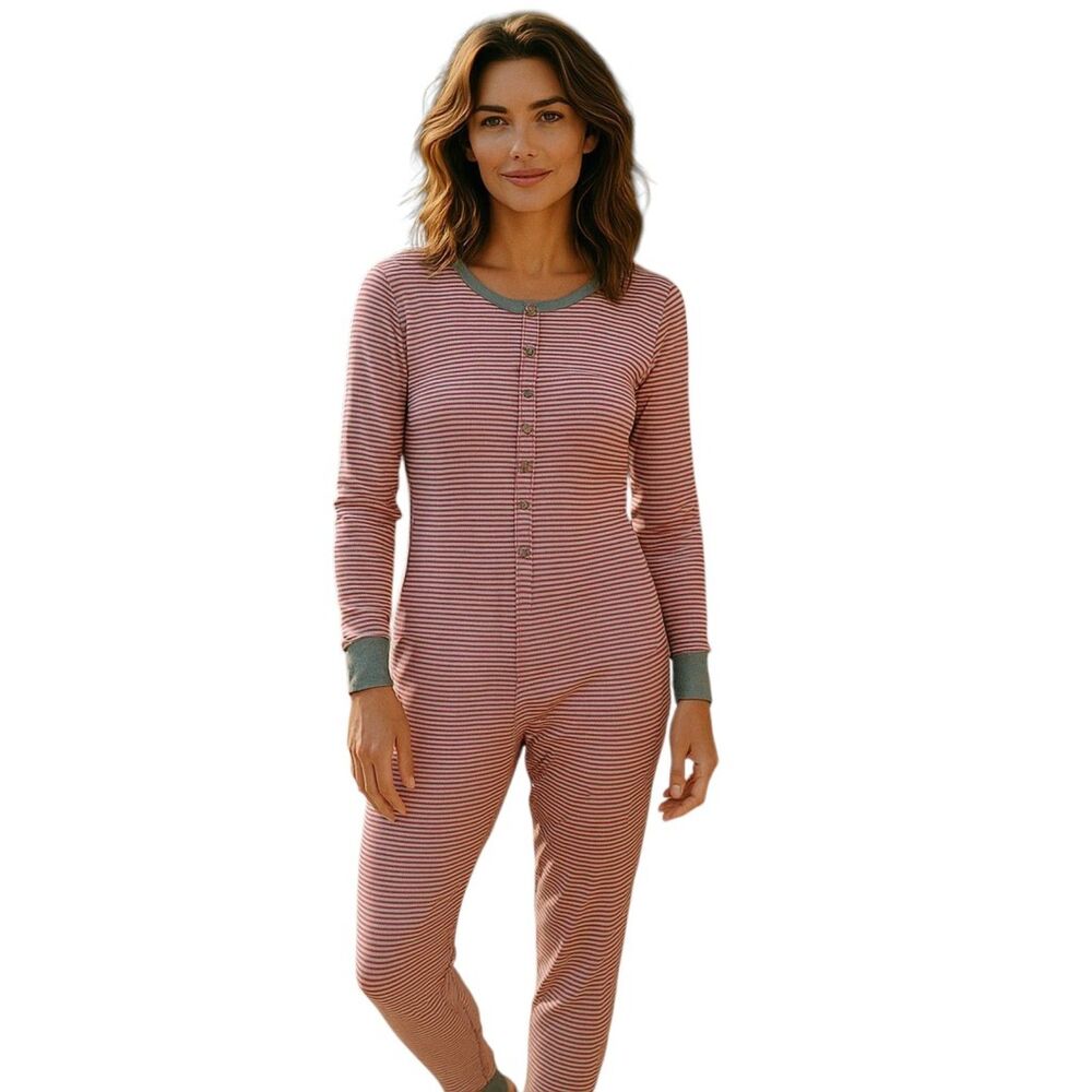 Jockey Red Gray Stripe Thermal Onesie Pajamas Large